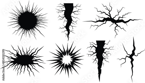 Abstract black cracks and fissures spreading across a white background, symbolizing destruction, damage, and disruption in various contexts