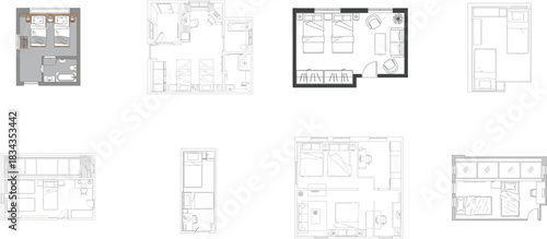 Collection of eight architectural floor plan layouts