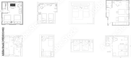 Eight detailed hotel room floor plan outlines and schematics