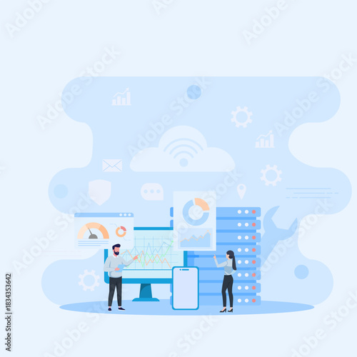 Network Hosting Configuration Illustration with male and female characters.