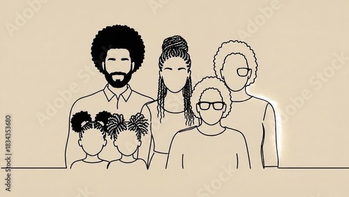 An illustration of diverse family portrait with five people in minimalistic style. Featuring various hair styles and accessories on light brown background