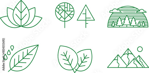 Minimalist Green Line Art Nature, Leaves, Trees, and Mountains Vector Icons Set