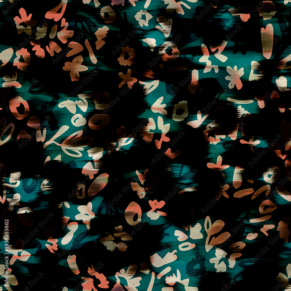 Obraz premium Abstract floral pattern with dark green background and scattered pink and white blossoms creating a vibrant textured design