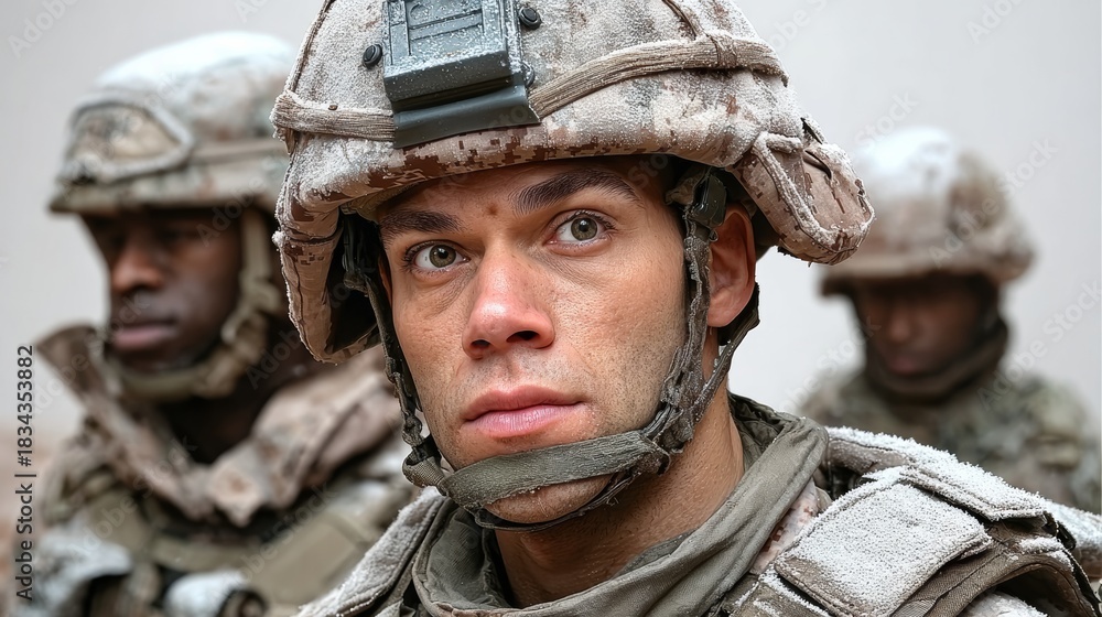 Obraz premium A man in a military uniform is standing with his head down. He is wearing a helmet and a jacket