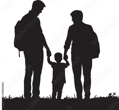 Silhouette of a young family with a toddler holding hands. The parents with backpacks symbolize a journey, travel, or a new beginning