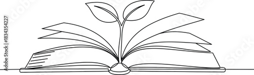 Line art illustration of a plant sprout growing from an open book, symbolizing knowledge, growth, and learning