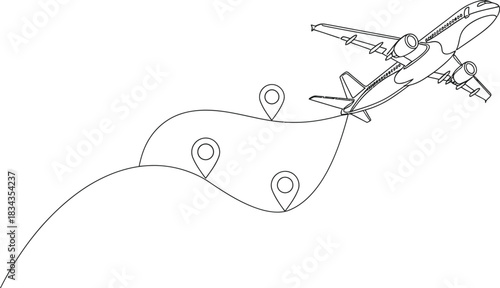 Airplane flying on a winding route with location pin markers, illustrating a travel journey, flight path, or vacation itinerary vector concept