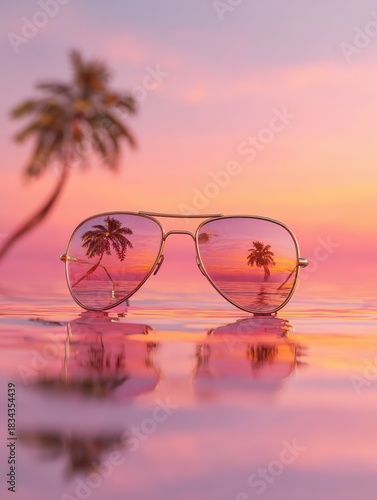 Wallpaper Mural sunglasses rest on calm water reflecting sunset hues and palm trees embodying relaxation and escape ideal for travel leisure or summer concepts Torontodigital.ca