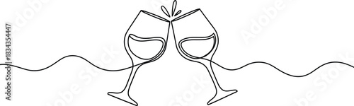 A continuous single line drawing of two wine glasses making a celebratory toast, a minimalist and elegant design for invitations and events