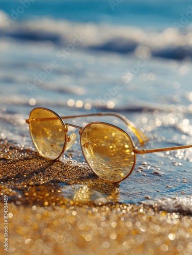 Wallpaper Mural chic golden sunglasses resting on sunkissed beach sand with a blurred ocean background reflecting the vibrant beach atmosphere and summertime vibes perfectly Torontodigital.ca