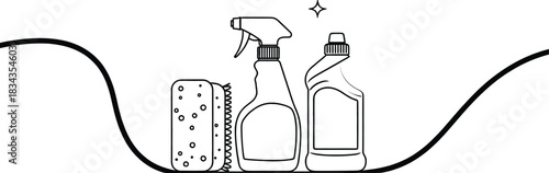 Household cleaning supplies including a sponge and two bottles of cleaning liquid, representing home hygiene and maintenance in a clean environment