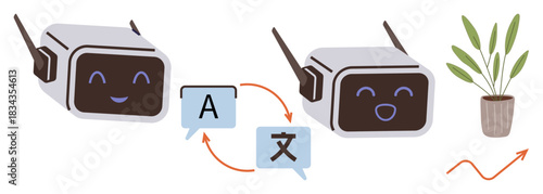 Two smiling AI robots exchange language translation chat bubbles, connected by arrows. Growth chart and a plant represent innovation and teamwork. Ideal for AI, translation, communication