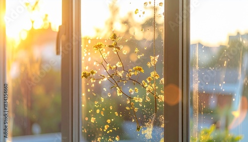 Sunlit Flowers and Bokeh on a Rainy Window Pane
