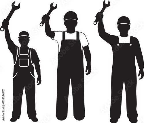 Three construction workers holding wrenches in a silhouette