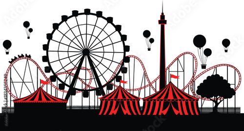 Amusement park silhouette—vector of Ferris wheel, roller coasters, circus tents, balloons, and tower in red-black-white style