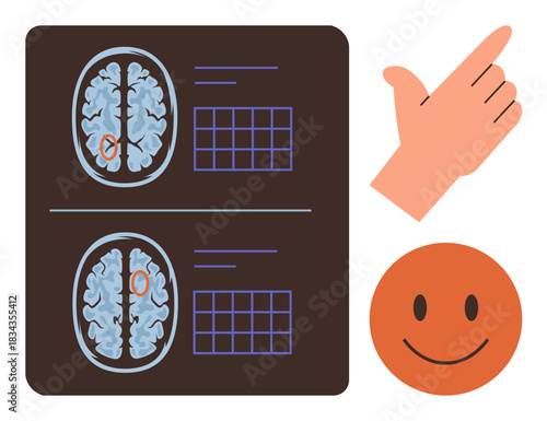 Brain scan images with annotations, hand gesture indicating positivity, and smiling face suggesting emotional well-being. Ideal for neuroscience, mental health, positivity, diagnosis, research