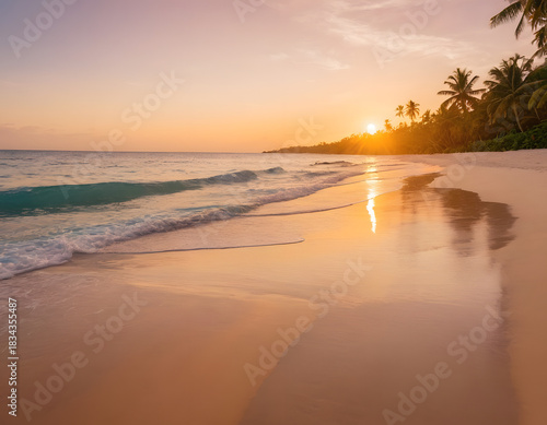 A serene tropical beach at sunrise, with golden sunlight casting a warm glow over the tranquil ocean and sandy shore, Happy New Year.