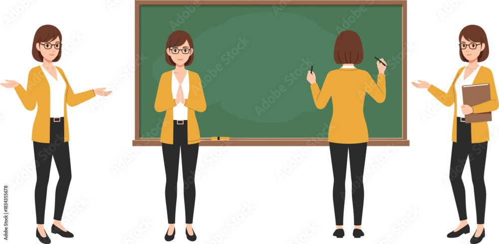 Obraz premium Female Teacher or Professor Character in Multiple Poses Standing by a Green Chalkboard, Ready to Teach, Instruct, and Present Educational Material in a Classroom Setting.