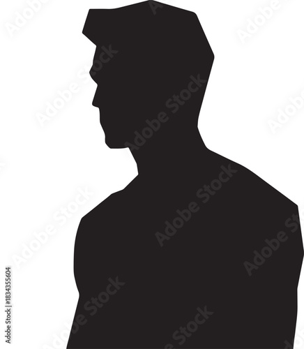 Striking minimalist black silhouette profile of a man's head and shoulders, isolated on a clean white background, conveying a sense of identity, anonymity, and human form in a simple graphic style