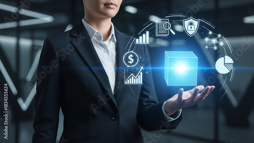Business Technology Concept with Futuristic Data Analysis and Security Icons Over a Person's Hand