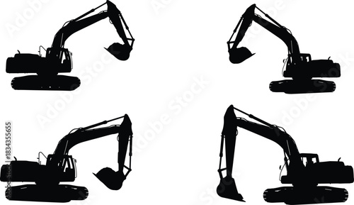 Excavator silhouette pack—vector of four identical construction machines with long arms, buckets, and tracked wheels