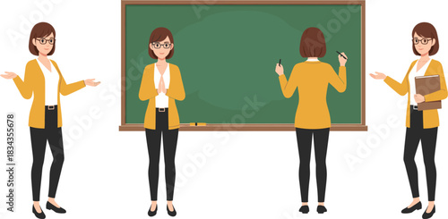 Female Teacher or Professor Character in Multiple Poses Standing by a Green Chalkboard, Ready to Teach, Instruct, and Present Educational Material in a Classroom Setting.