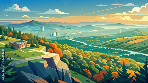 Very beautiful expansive Chattanooga views from Lookout Mountain, revealing lush forests, rolling hills, and a distant horizon under warm daylight, forming a tranquil and inspiring elevated landscape.