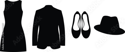 Fashion silhouette pack—vector of dress, blazer, flat shoes, and fedora hat in black style
