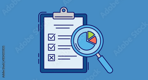 Data analysis checklist with magnifying glass for business reports and market research insights review