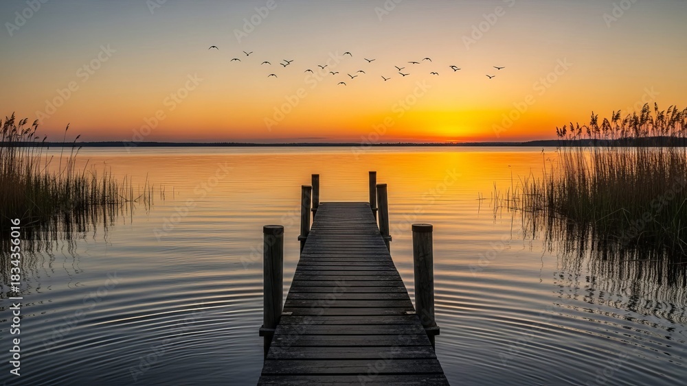 Fototapeta premium Sunset landscape featuring a serene lake with smooth reflective water