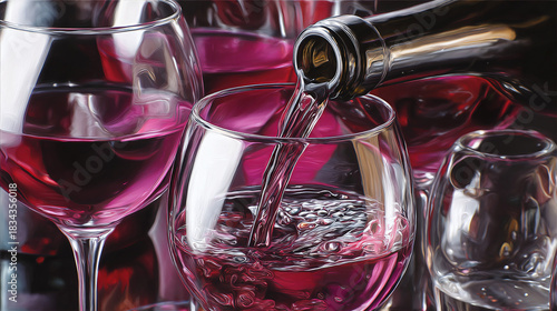 Wine being poured into a glass, captured in a close-up shot, with a refined atmosphere, and many glasses full of wine