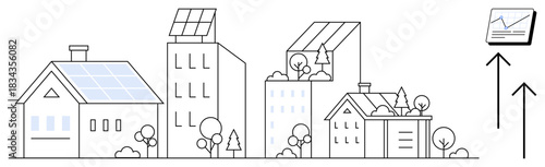 Urban landscape of residential and commercial buildings with solar panels, trees, and growth trends. Ideal for sustainability, clean energy, innovation, urban planning, green living, technology
