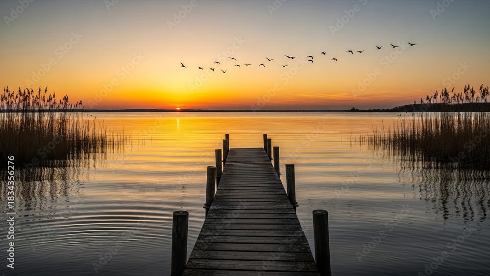 Fototapeta premium Sunset landscape featuring a serene lake with smooth reflective water