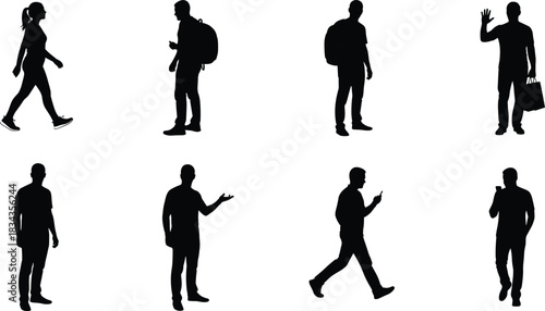 Urban people silhouette pack—vector of walking, gesturing, waving, drinking, and phone-using figures with backpacks