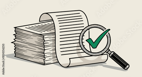 Document review checklist with magnifying glass and check mark for inspection process audit compliance