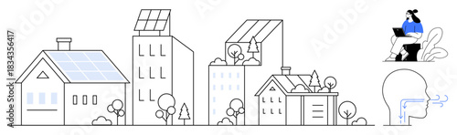 Sustainable living with solar panel-equipped buildings renewable energy and eco-conscious design. A seated figure remote work in green spaces. For sustainability, architecture, clean energy, remote