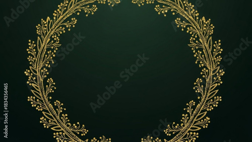 Golden floral wreath on dark green background creating a circular frame with intricate details and elegance