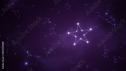 Starry night with a five pointed star constellation surrounded by other constellations and stars in space