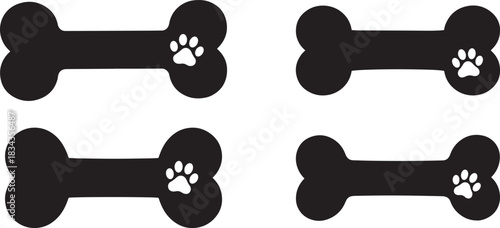 Four black dog bone silhouettes with white paw prints silhouette