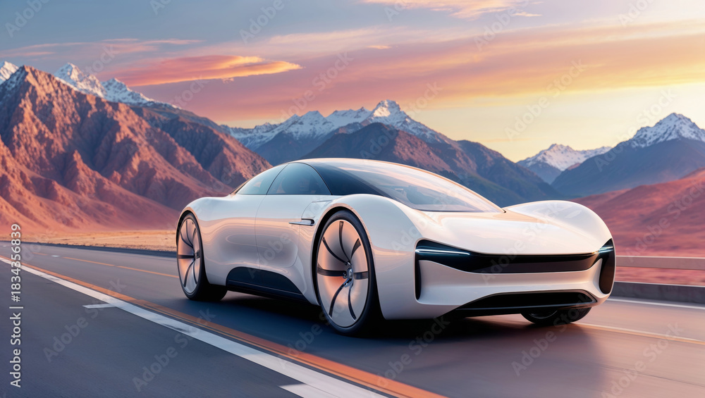 Naklejka premium Futuristic white electric car driving on a highway with mountains in the background