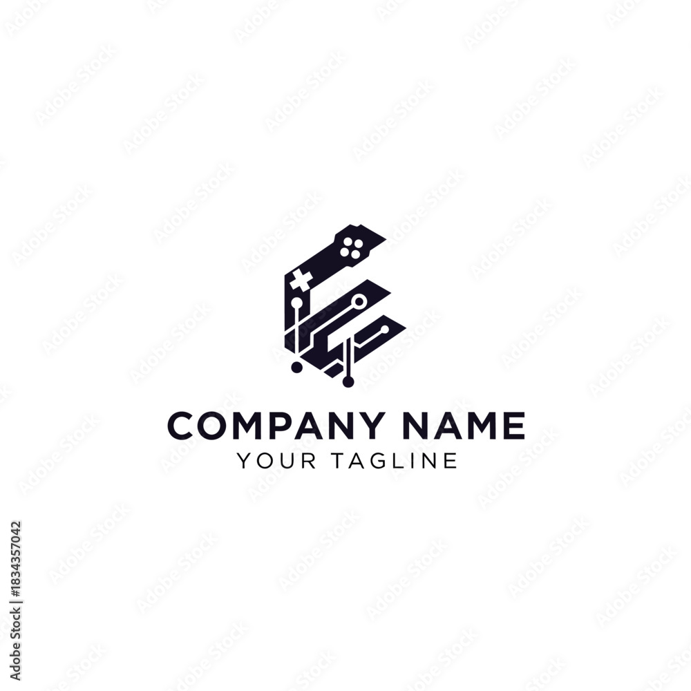 Fototapeta premium A modern logo design featuring a stylized letter 'E' or 'G' integrated with a gaming controller and circuit board elements, suitable for a tech or gaming company.