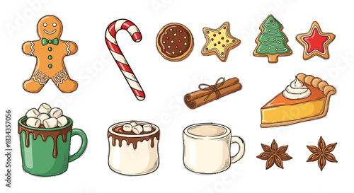 Festive holiday sweets and drink icon set featuring candy cane, cookies, cinnamon sticks, and warm beverages for seasonal decorative design