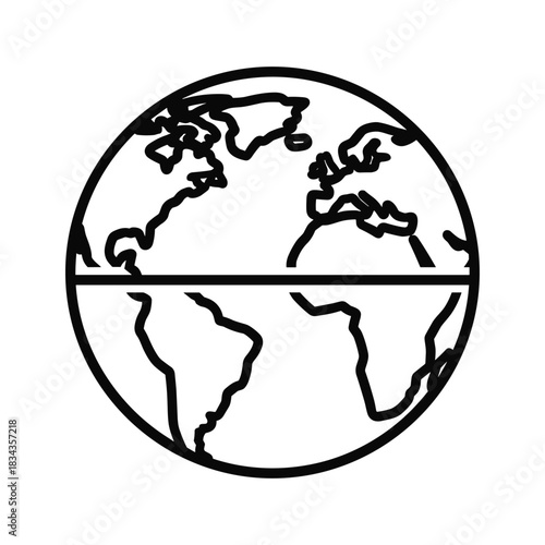 Black and white outline icon of Earth globe with continents and equator, representing global communication, travel, and environmental themes.