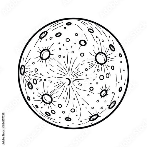Hand-drawn Doodle Moon with Craters and Rayed Impacts