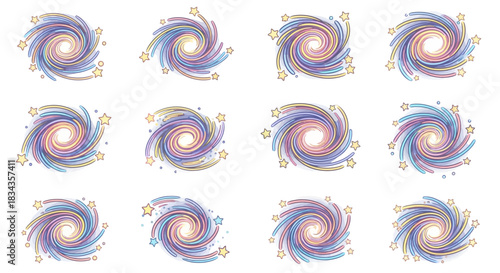 Colorful spiral galaxy swirl pattern with dynamic glowing gradients for cosmic themed backgrounds and vibrant decorative designs
