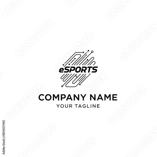 Modern esports logo template featuring a stylized circuit board design in black and white for a tech or gaming company.