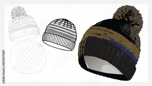 Stylish winter hat collection with pom-pom in cozy knit textures for cold weather fashion