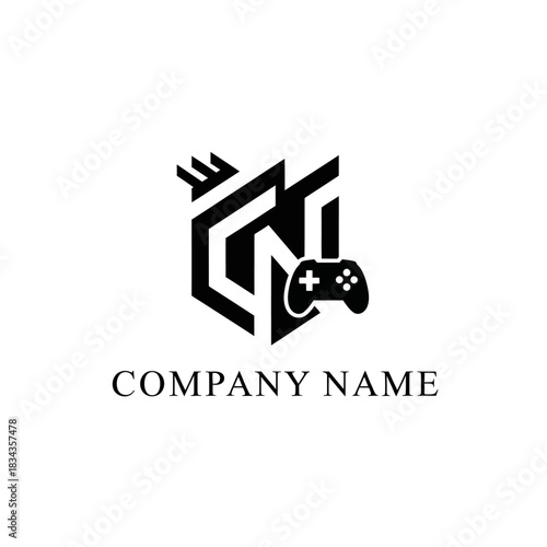 A modern black and white gaming logo featuring the letters CN inside a shield, with a crown and a video game controller.