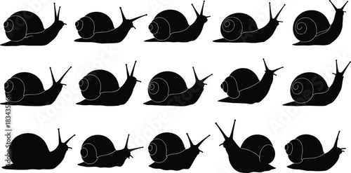 Snail silhouette pack—vector of 14 side-profile snails with varied shell shapes and antennae