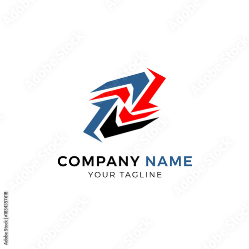 Free Download Abstract logo design featuring overlapping arrows in blue, red, and black, with company name and tagline. - GFXLoad